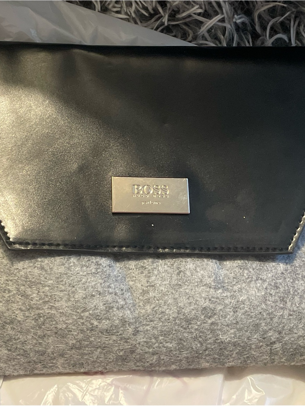 BOSS Black Leather Envelope Clutch with Silver Logo Plaque
